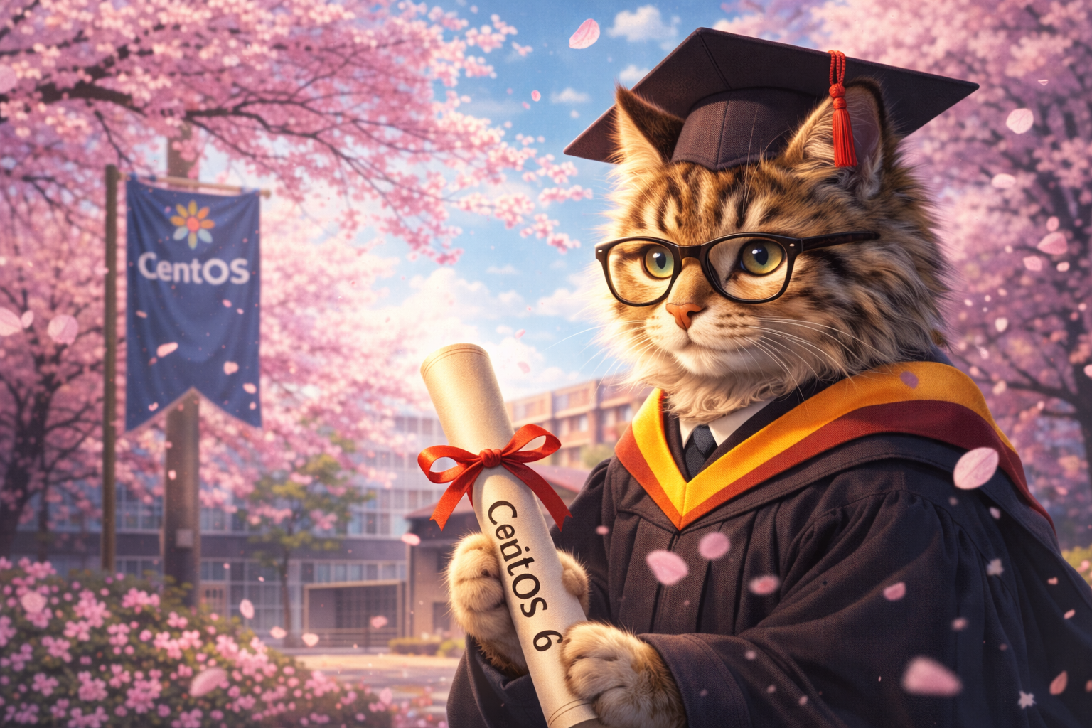 桜の下で卒業帽をかぶり、証書を持つCentOS 6 卒業イメージ