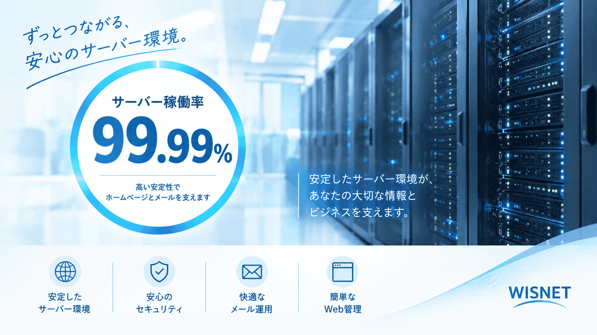 サーバー稼働率99.99%。安定したサーバー環境でホームページとメールを支えます。